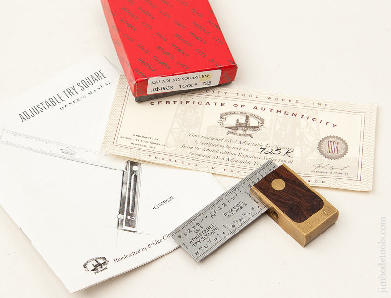 1994 BRIDGE CITY TOOL WORKS AS-3 Adjustable Try Square-RW in Original Box - 70377