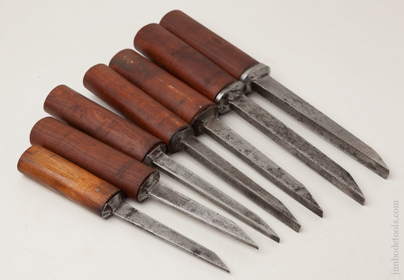 Great Working Set of Seven Pig Sticker Mortise Chisels by W. BUTCHER circa 1799-1900 - 72264