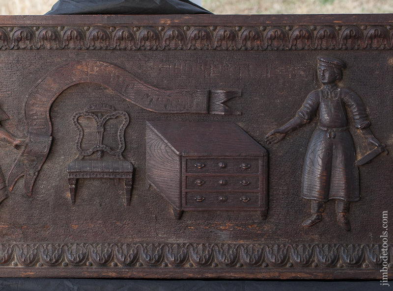 AMAZING! 18th Century Carved 64" Oak Panel of Carpenter Workbench & Tools * EXCELSIOR 72334U