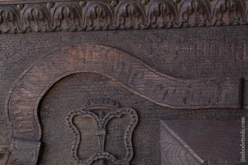 AMAZING! 18th Century Carved 64" Oak Panel of Carpenter Workbench & Tools * EXCELSIOR 72334U