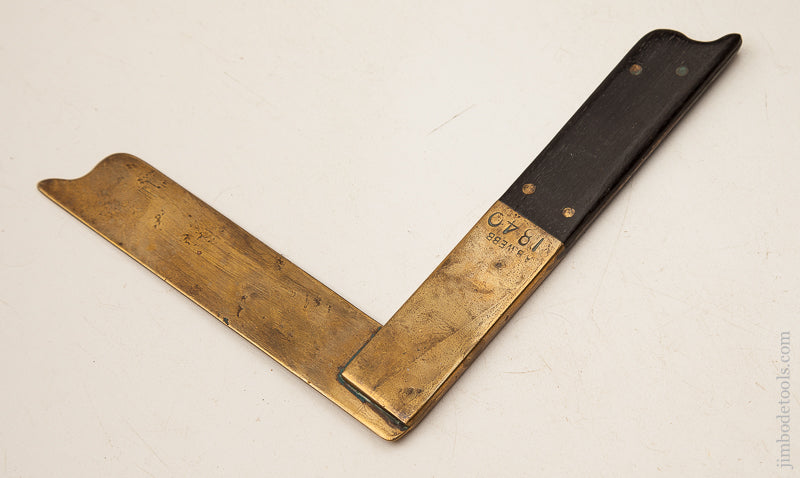 6 1/4 x 7 1/4 inch Brass and Ebony Try Square Dated 1840 - 73641R