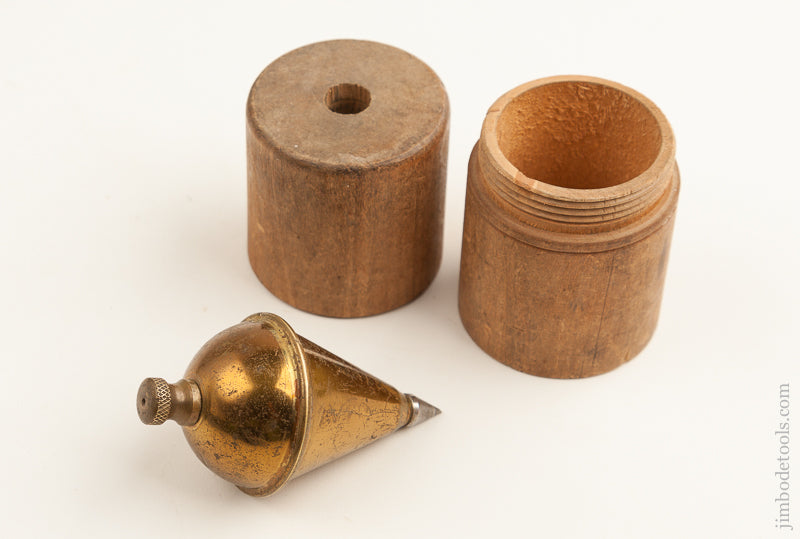Awesome 1.6 pound 4 inch "PERFECTION PAT. PEND" Plumb Bob MINT in Original Wooden Case - 74425R