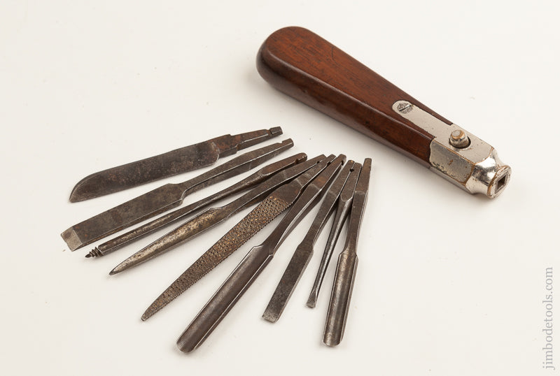 Fine 5 1/2 inch Rosewood and Nickel Plated Brass Tool Handle with Nine Tools by BAGSHAW & FIELD PHILA. -- 74504