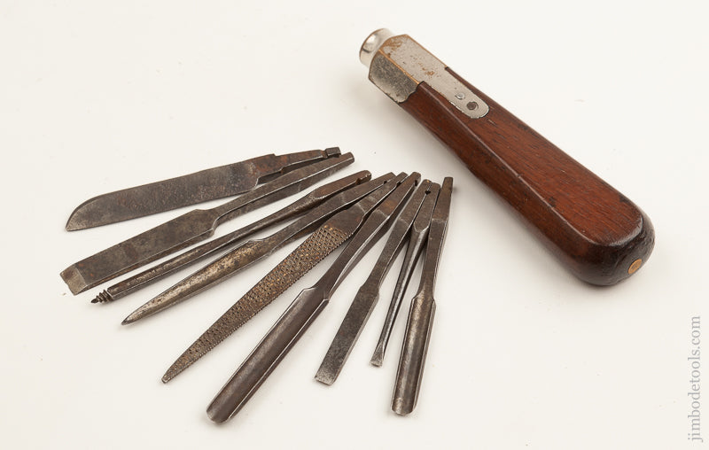 Fine 5 1/2 inch Rosewood and Nickel Plated Brass Tool Handle with Nine Tools by BAGSHAW & FIELD PHILA. -- 74504