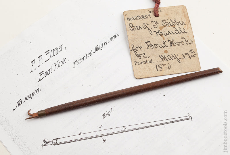 BIBBER May 17, 1870 Patent 7 3/4 inch Boat Hook Patent Model with Patent Office Tag      75493R - 75493R