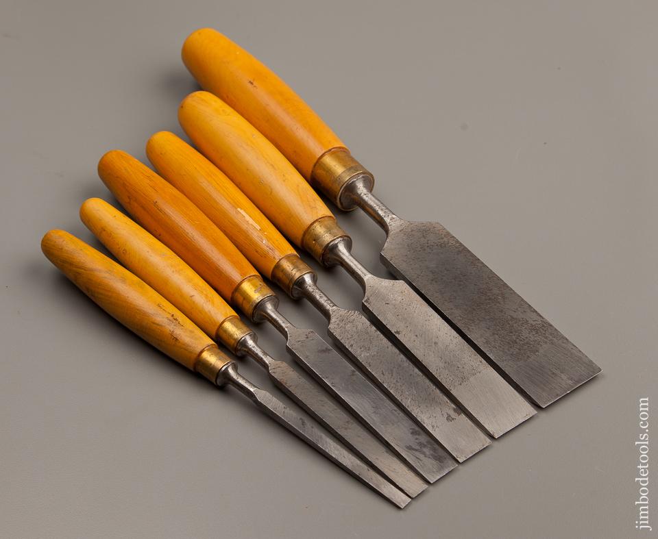 Magnificent Set of Six MARPLES Boxwood Handled Tang Firmer Chisels NEAR MINT - 76665