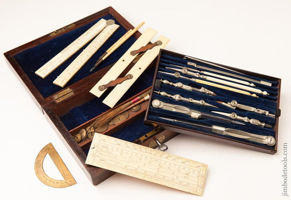 Stunning! German Silver Draughtsman's Set With Three Rules in Rosewood Box - 76851R