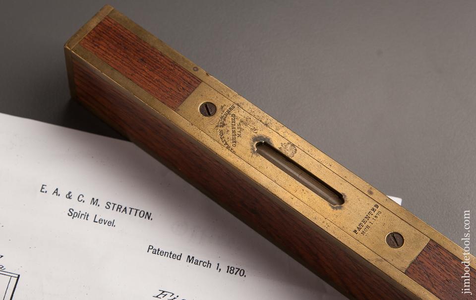 Eight inch STRATTON Patent March 1, 1870 Rosewood and Brass Fully Bound Plumb and Level - 76929