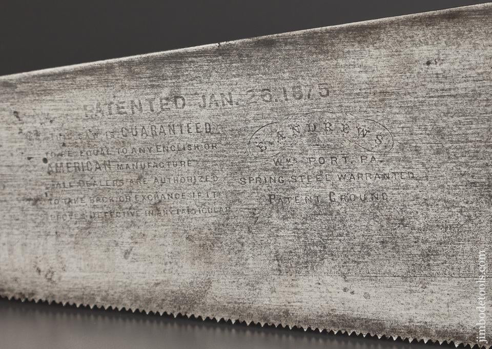 Rare! ANDREWS Patent 1875/1882 Hand Saw - 77686