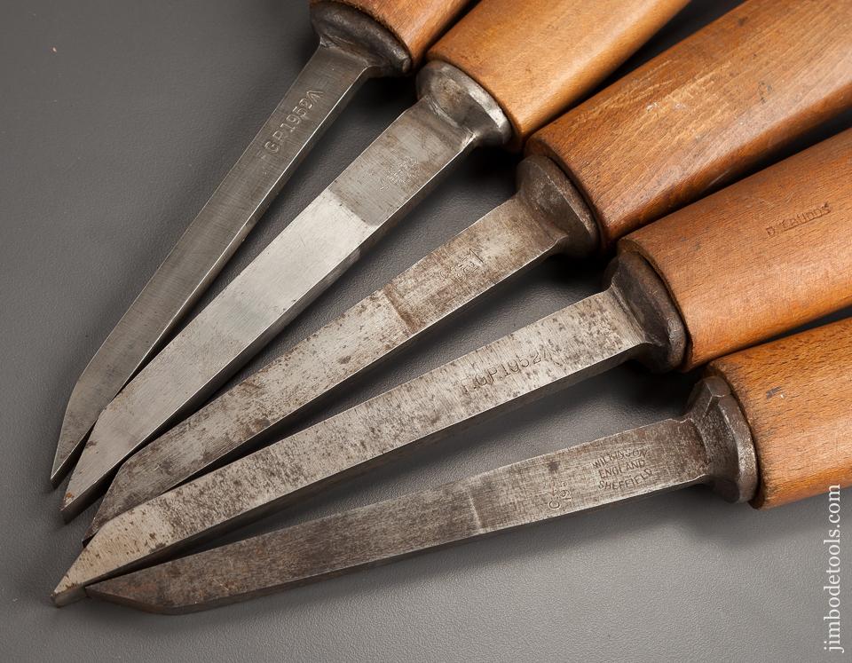 Crisp Dated Set of Five WILKINSON SHEFFIELD Pig Sticker Mortise Chisels Dated 1952 NEAR NEW Condition! - 78522