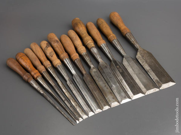 COMPLETE Vintage Set of Twelve BUCK BROS Bevel Edge Socket Firmer Chisels - 79053
