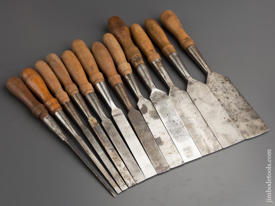 COMPLETE Vintage Set of Twelve BUCK BROS Bevel Edge Socket Firmer Chisels - 79053