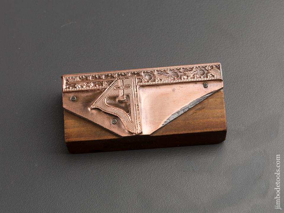 Three inch Long Copper Engraving of a Combination Square on Wooden Block - 79133