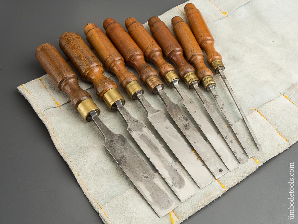 EXTRA FINE Set of Eight L&IJ WHITE Beveled Tang Chisels in Leather Roll - 79338