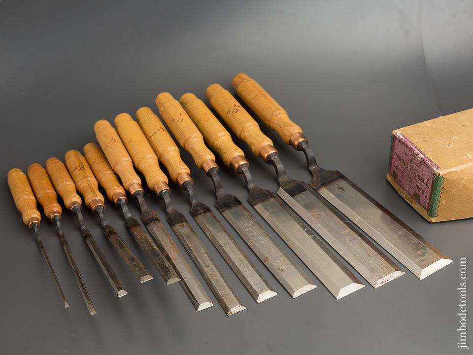 Set of Twelve BUCK BROS Crank Neck Paring Chisels DEAD MINT in Original Box UNUSED! - 79428
