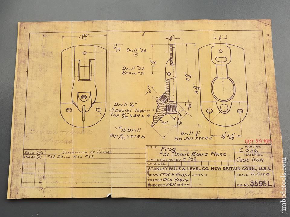 Odd Blueprint for STANLEY No. 51 Shoot Chute Board Plane Frog Dated October 29, 1975 - 79664