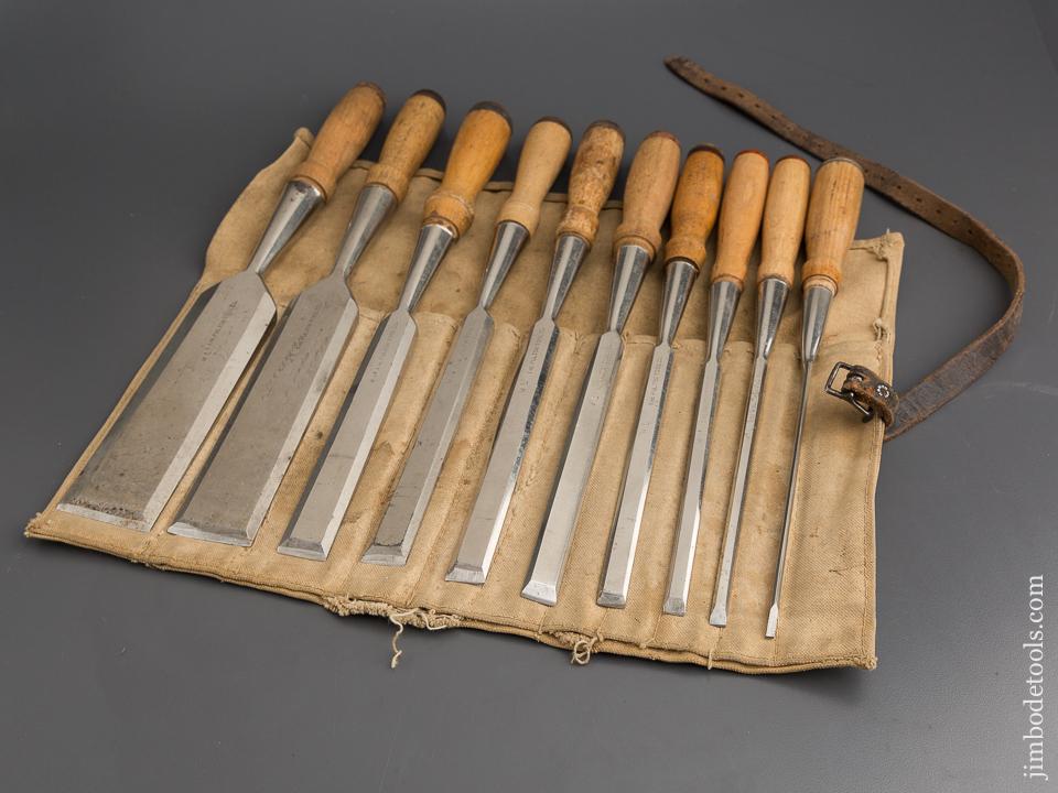 MINTY Set of Ten FULTON Bevel Socket Firmer Chisels in Original Roll - 80052