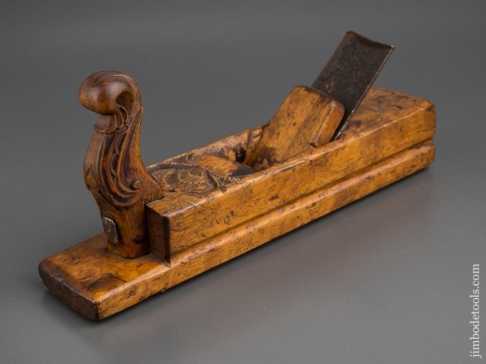 Beautiful! Carved 2 3/8 x 10 7/8 inch Radiused Wooden Plane Dated 1805 with Decorated Horn  - 80260U