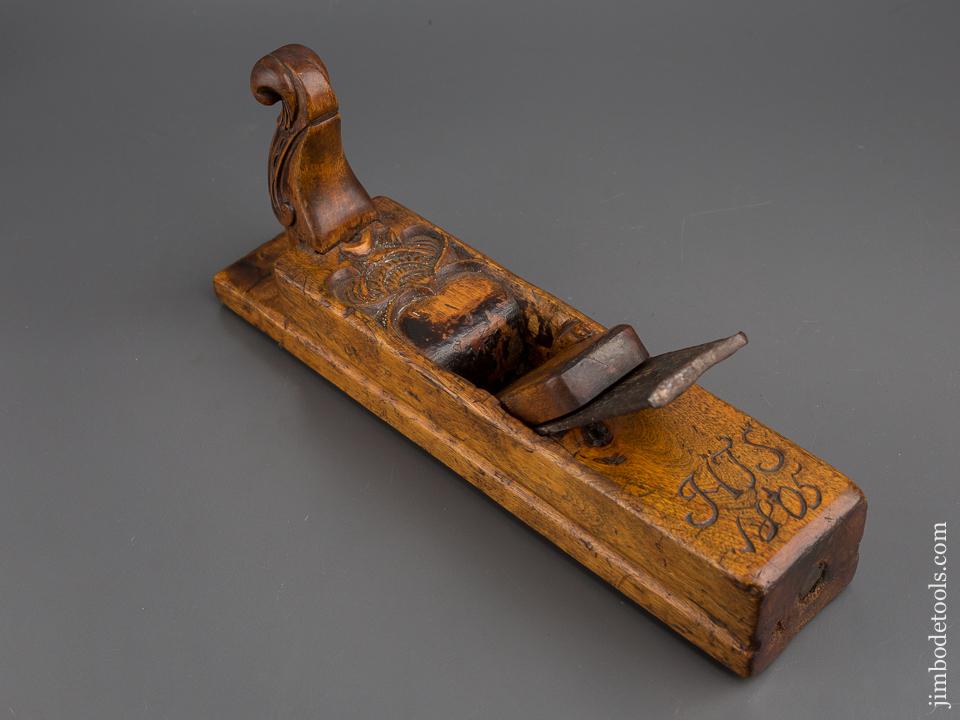 Beautiful! Carved 2 3/8 x 10 7/8 inch Radiused Wooden Plane Dated 1805 with Decorated Horn  - 80260U