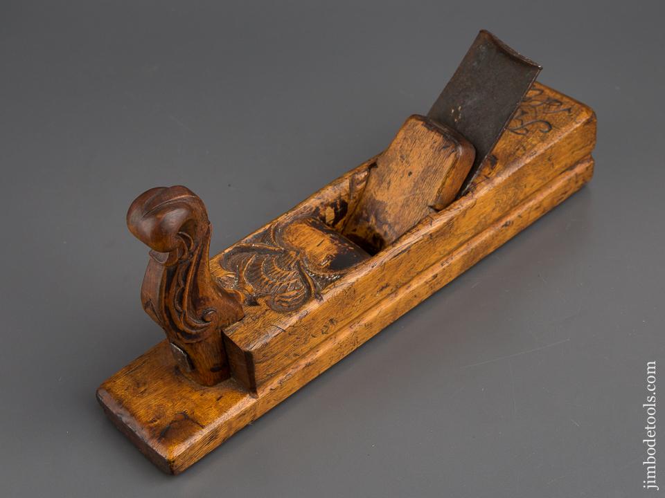 Beautiful! Carved 2 3/8 x 10 7/8 inch Radiused Wooden Plane Dated 1805 with Decorated Horn  - 80260U