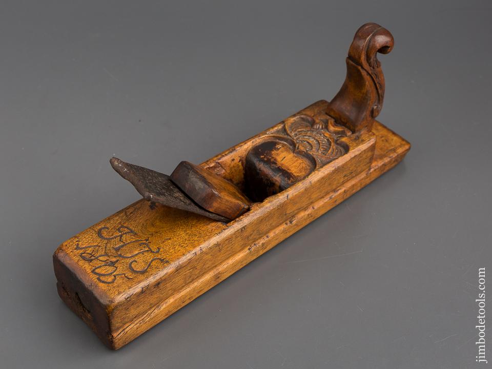 Beautiful! Carved 2 3/8 x 10 7/8 inch Radiused Wooden Plane Dated 1805 with Decorated Horn  - 80260U