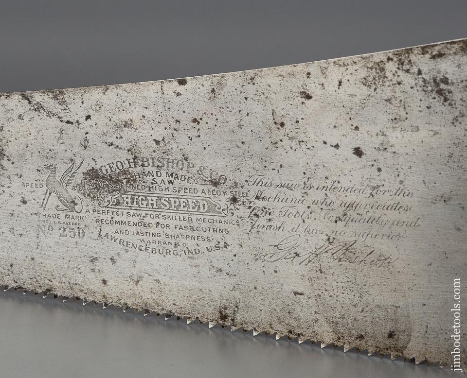 RARE Sticky Sharp! 5 1/2 point 26 inch Rip GEO. BISHOP & CO. No. 250 Thumb Hole Hand Saw - 80378