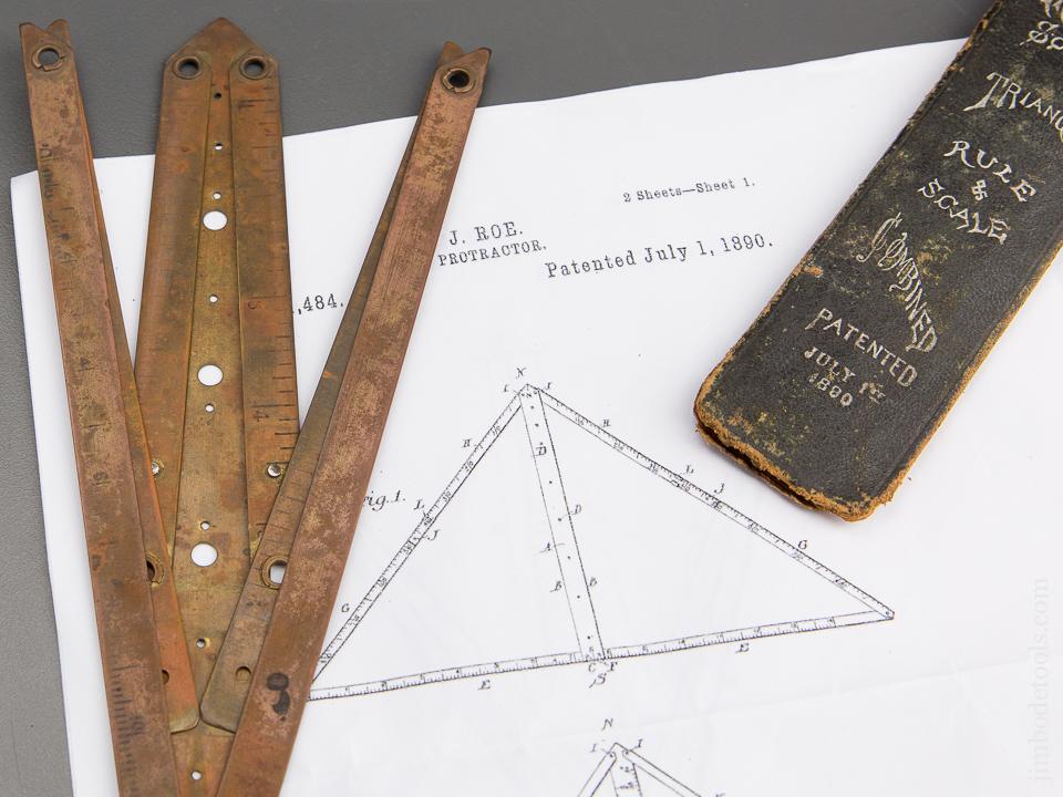 Rare! JUSTUS ROE Patent July 1, 1890 Pocket Protractor, Square, Triangle, Rule, & Square Combined! In Original Sheath - 81712R