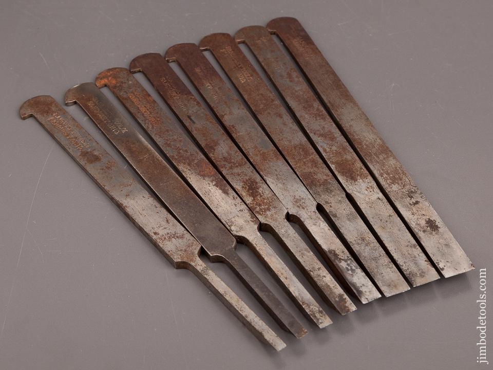 Set of Eight SANDUSKY Center Wheel Plow Plane Irons in Custom Wooden Case - 82585