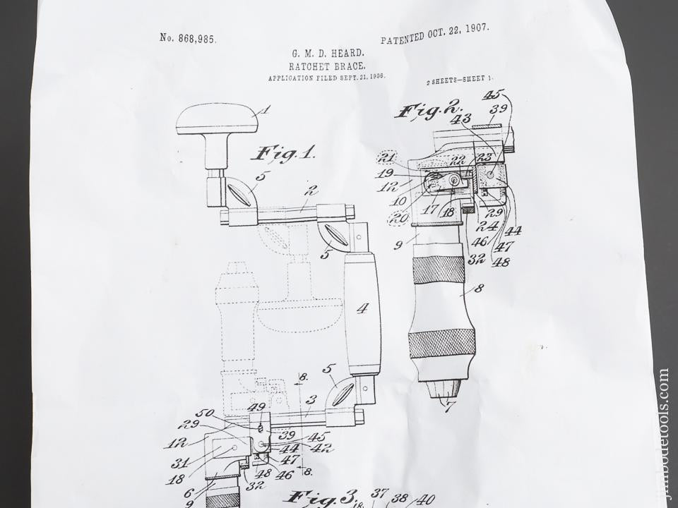 Rare! HEARD Patent October 22, 1907 Bit Brace - 82735