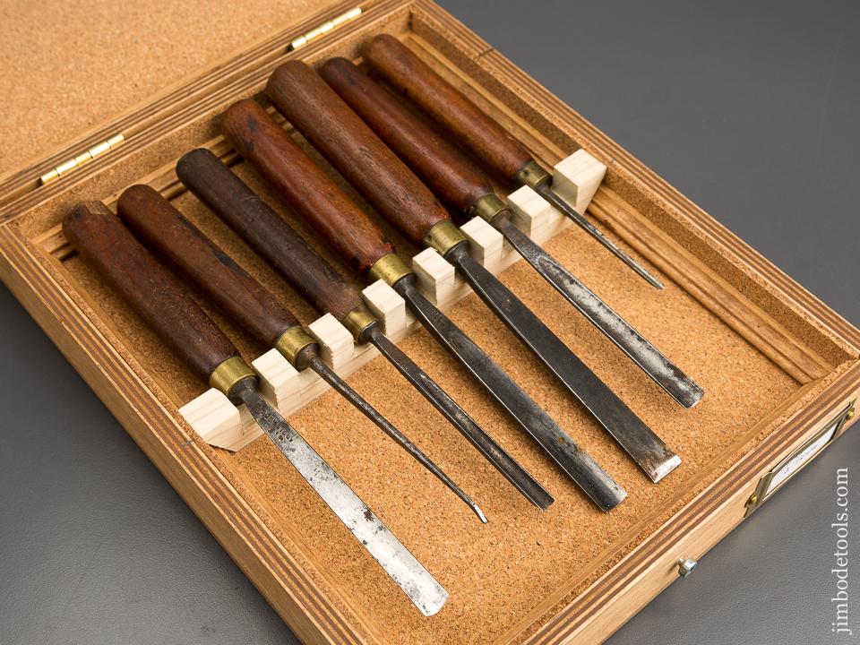 Set of Seven J.B. ADDIS Mahogany Handled Carving Tools in Cork Lined Wooden Box - 83245
