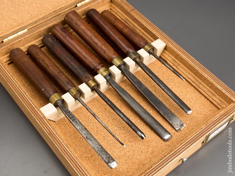 Set of Seven J.B. ADDIS Mahogany Handled Carving Tools in Cork Lined Wooden Box - 83245