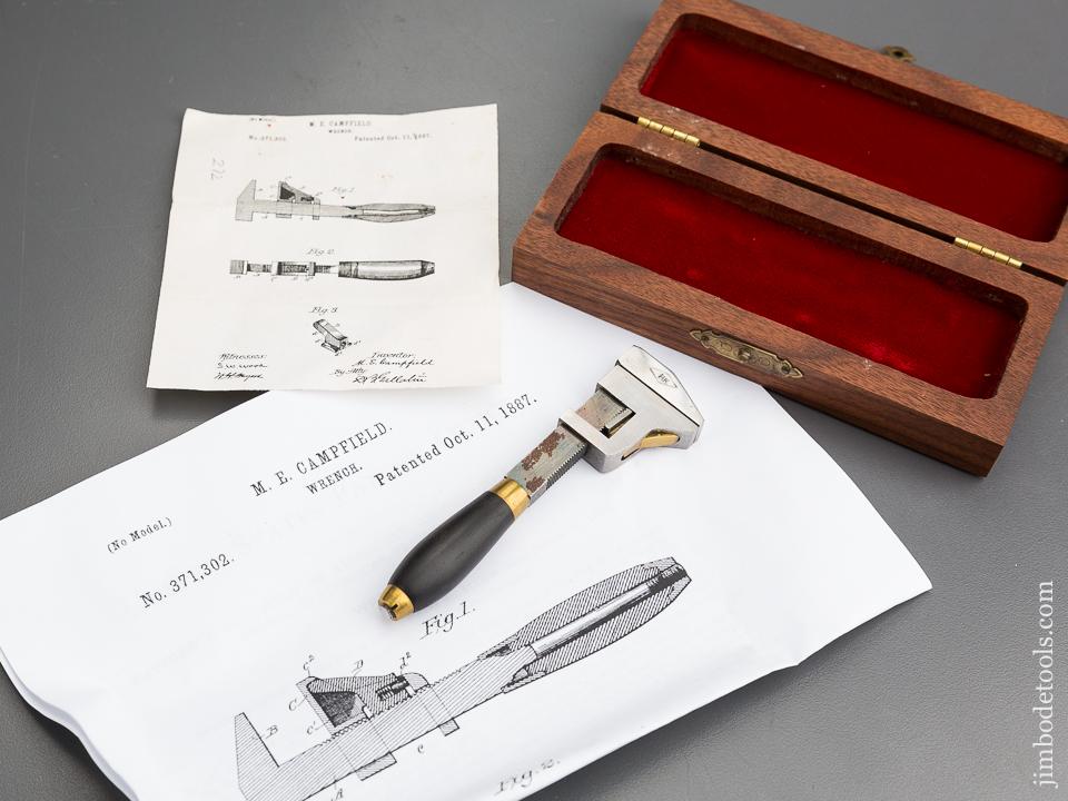 4 1/4 inch CAMPFIELD Patent October 11, 1887 HILLARY KLEIN Adjustable Wrench in Velvet Lined Wooden Box - 83259
