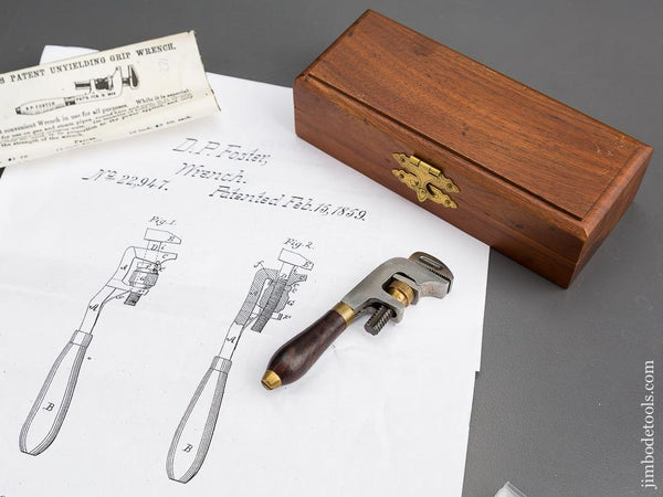 3 5/8 inch FOSTER Patent February 15, 1859 HILLARY KLEIN Wrench in Velvet Lined Wooden Box - 83363
