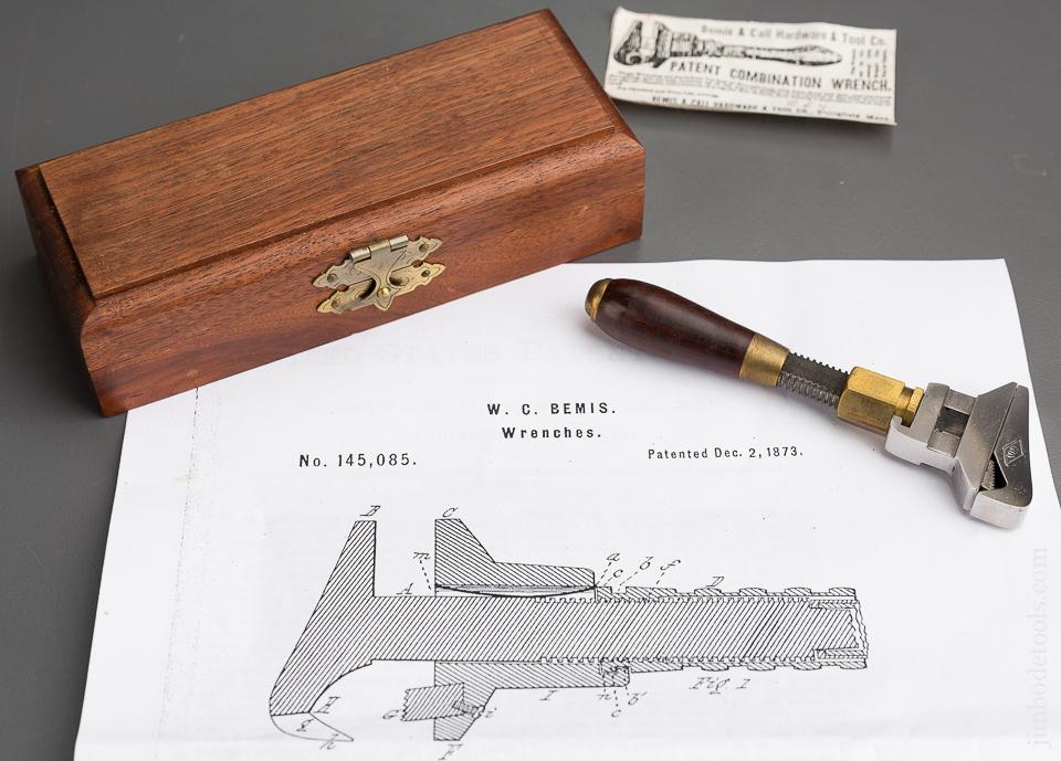 4 3/8 inch BEMIS Patent December 2, 1873 HILLARY KLEIN Wrench in Velvet Lined Walnut Case - 83408