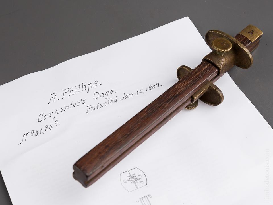 Nine inch PHILLIPS Patent January 15, 1867 Rosewood & Brass Double Marking Gauge - 84986