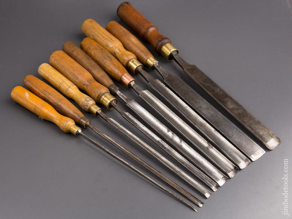 Great Working Set of Nine Long Pattern Maker's Gouges - 85258
