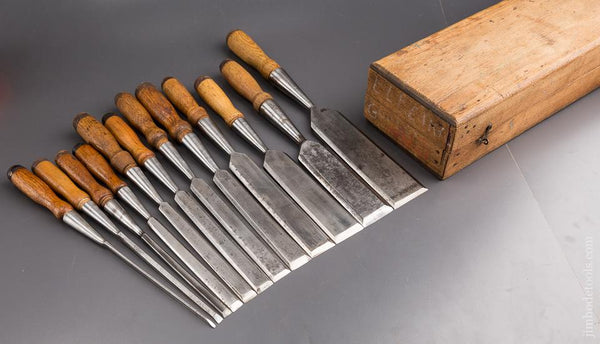Awesome COMPLETE Set of Twelve T.H. WITHERBY Bevel Edge Socket Firmer Chisels in ORIGINAL Box! - 85461