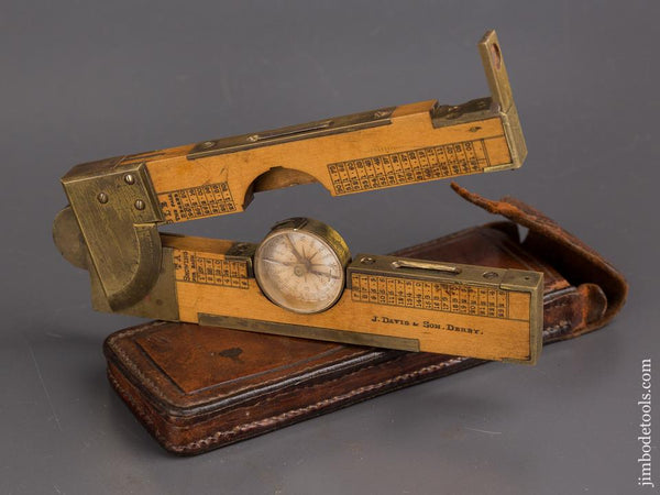 Rare! J. DAVIS & SON Boxwood Clinometer with Compass in Leather Case - 85573