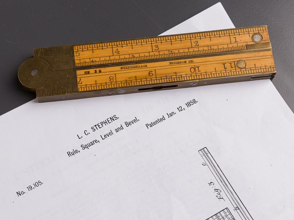 MINT! Twelve inch STEPHENS Patent January 12, 1858 STEPHENS No. 36 Folding Level/Inclinometer - 85864