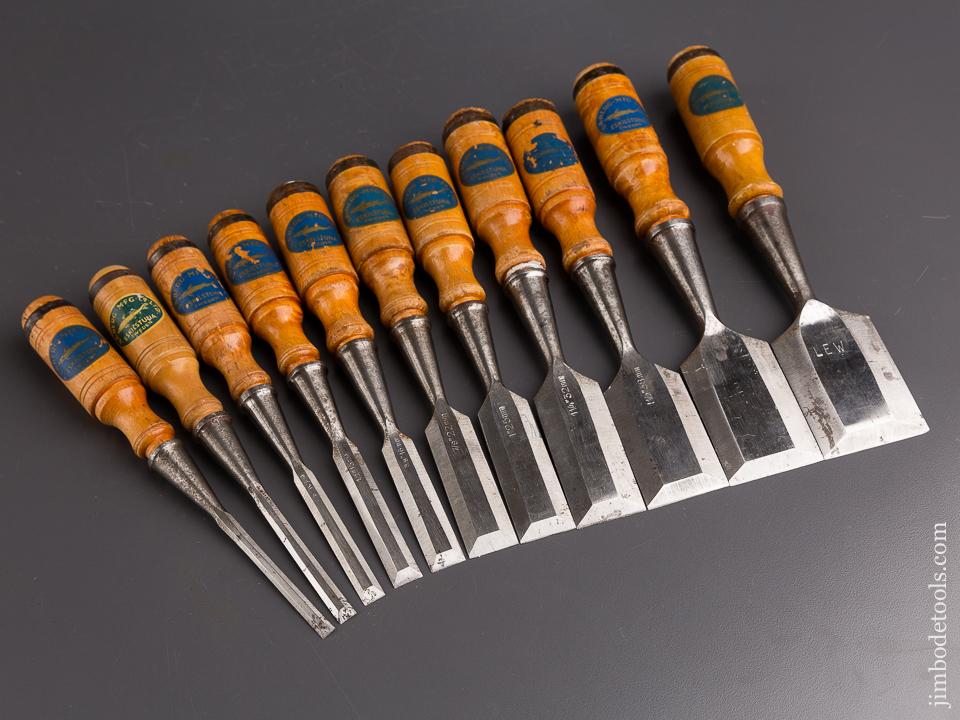 Extra Large Set of Eleven E.A. BERG ESKILSTUNA Socket Firmer Chisels with Decals - 85868