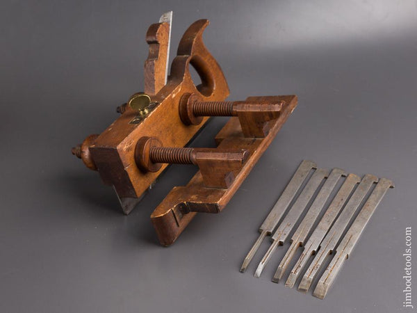 H.L. JAMES Handled Beech Plow Plane circa 1850 with Seven Irons - 85883