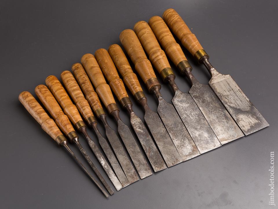 COMPLETE Set of Twelve TWO CHERRIES Tang Firmer Chisels in Wooden Box - 86168
