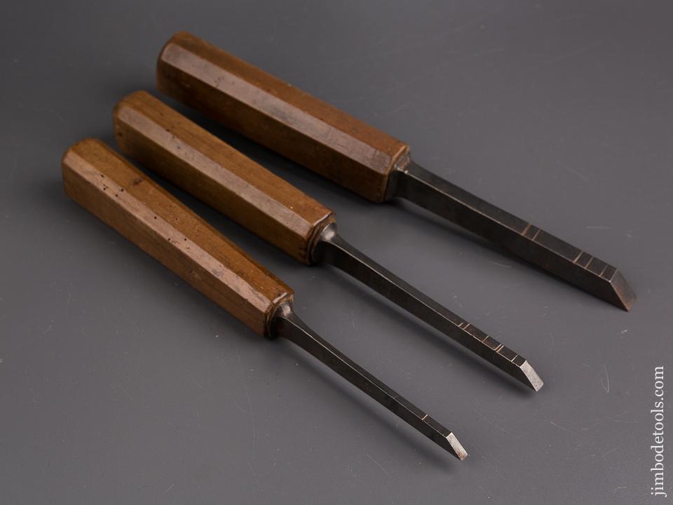 Extra Fine Set of Three PEUGEOT FRERES Pig Sticker Mortise Chisels with Cormier Wood Handles - 86333