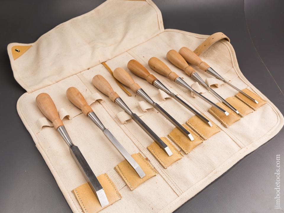 MINT Set of Eight LIE-NIELSEN Chisels in Canvas & Leather Roll! Five Mortise and Three Bevel Edge - 86804