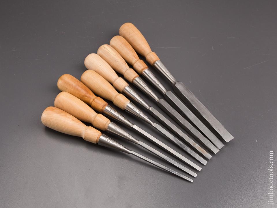 MINT Set of Eight LIE-NIELSEN Chisels in Canvas & Leather Roll! Five Mortise and Three Bevel Edge - 86804