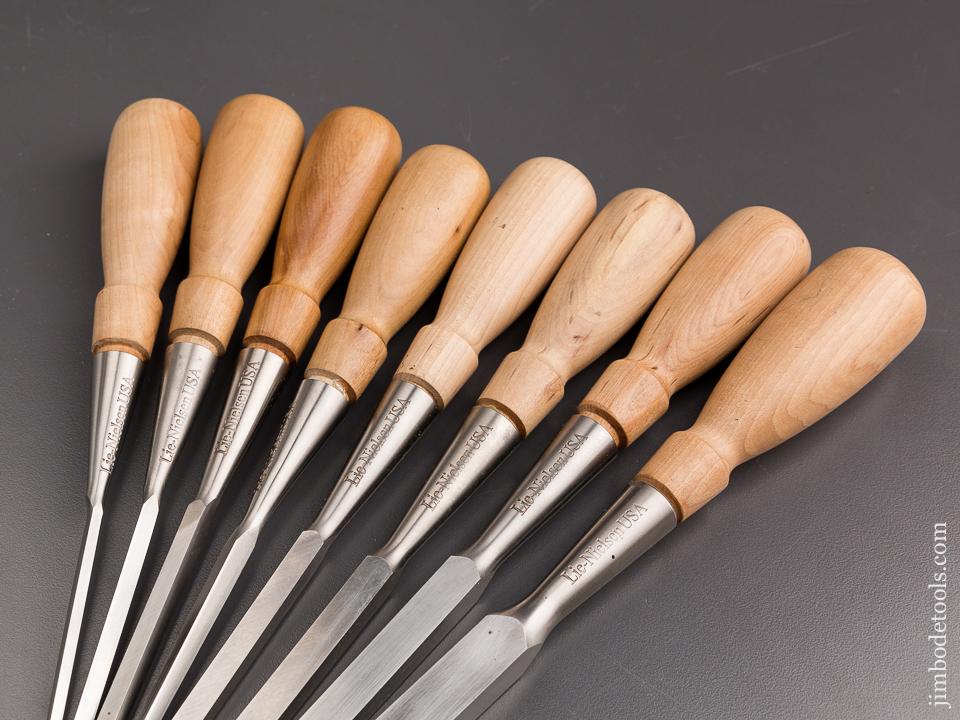 MINT Set of Eight LIE-NIELSEN Chisels in Canvas & Leather Roll! Five Mortise and Three Bevel Edge - 86804