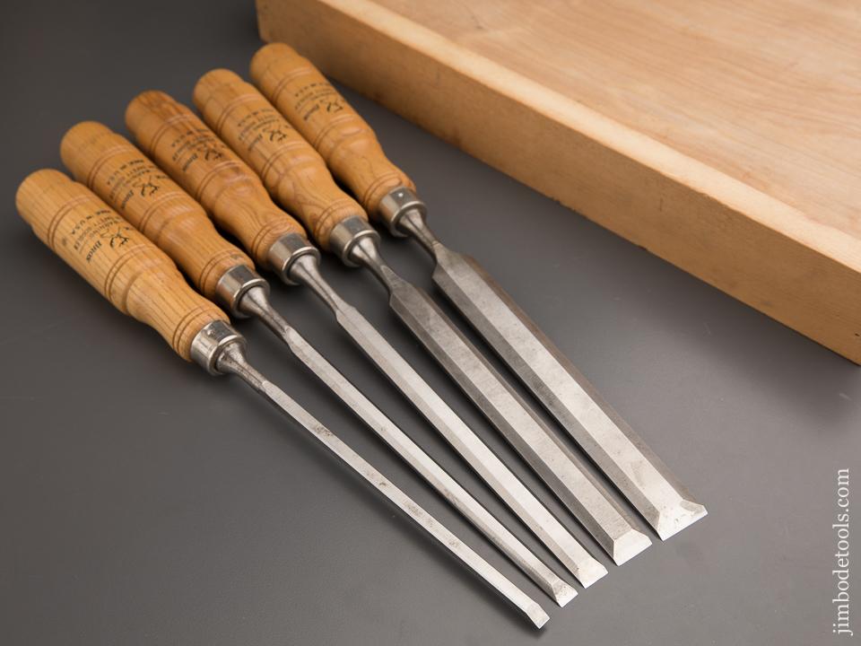 Extra Long BUCK BROS Set of Five Tang Chisels NEAR MINT in Fitted Wooden Box - 87482