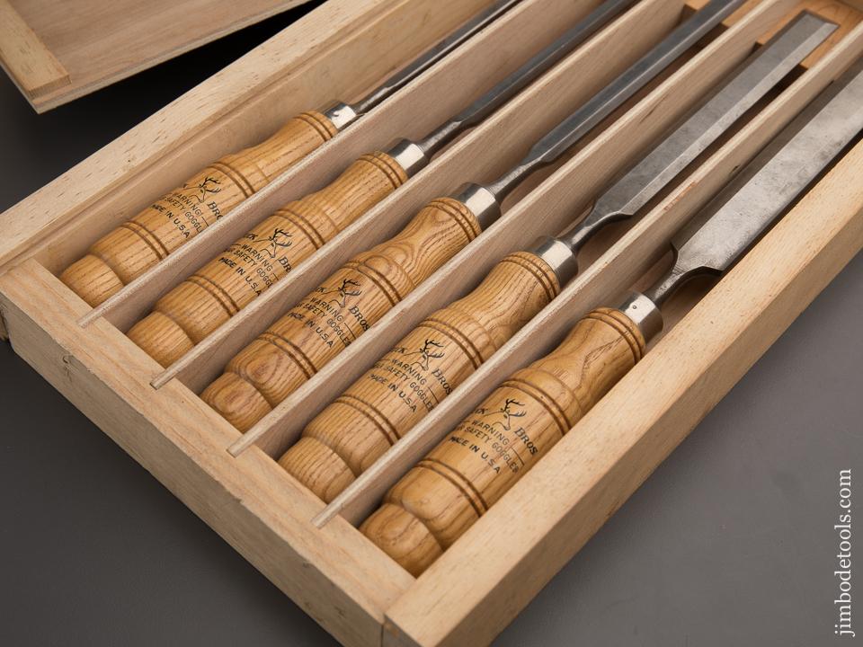 Extra Long BUCK BROS Set of Five Tang Chisels NEAR MINT in Fitted Wooden Box - 87482