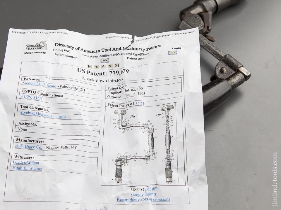 Rare! HEARD Patent January 3, 1905 Knock Down Bit Brace "THE E.S. BRACE CO, NIAGARA FALLS NY" - 87560