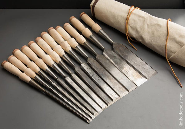 FULL Set of Twelve T.H. WITHERBY Socket Firmer Chisels in Canvas Roll - 87712